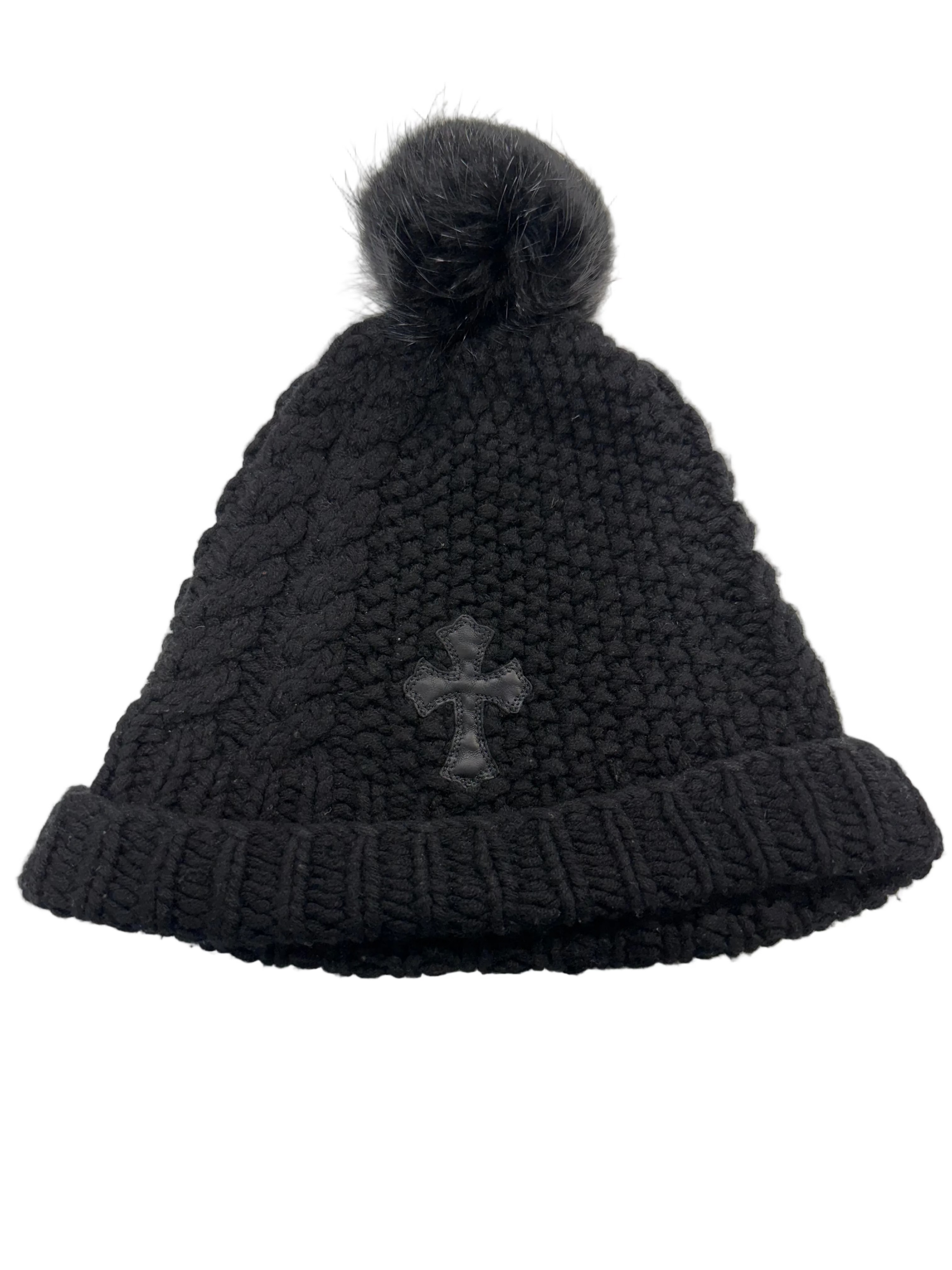CHROME HEARTS CROSS PATCH FUR POM POM BLACK BEANIE