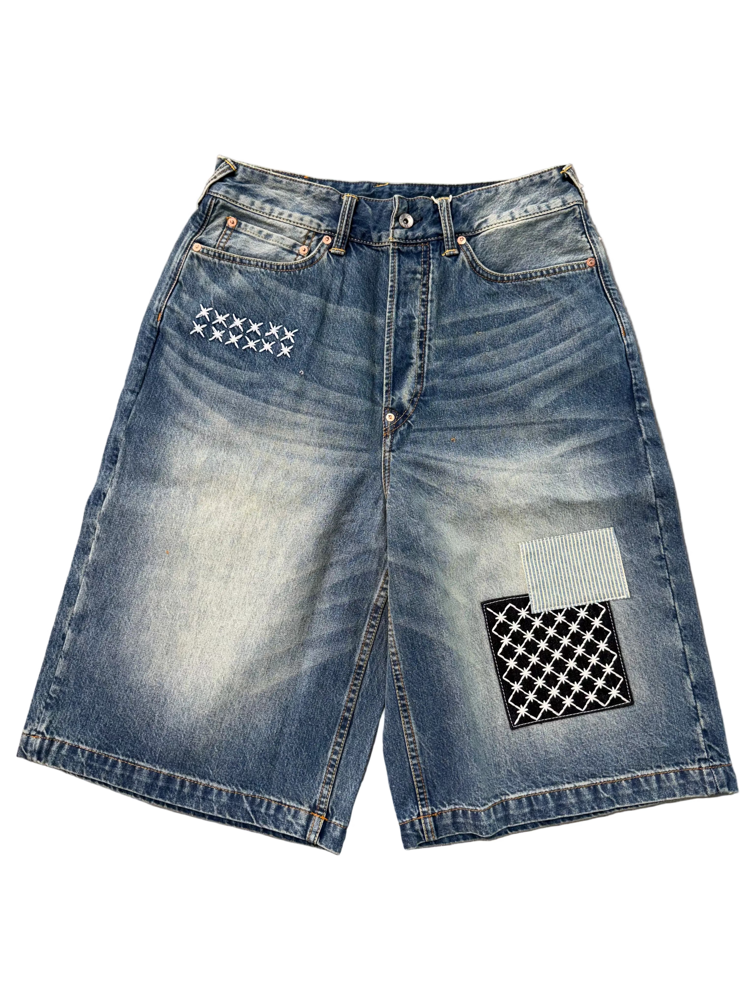 EVISU SASHIKO PATCH DENIM SHORTS