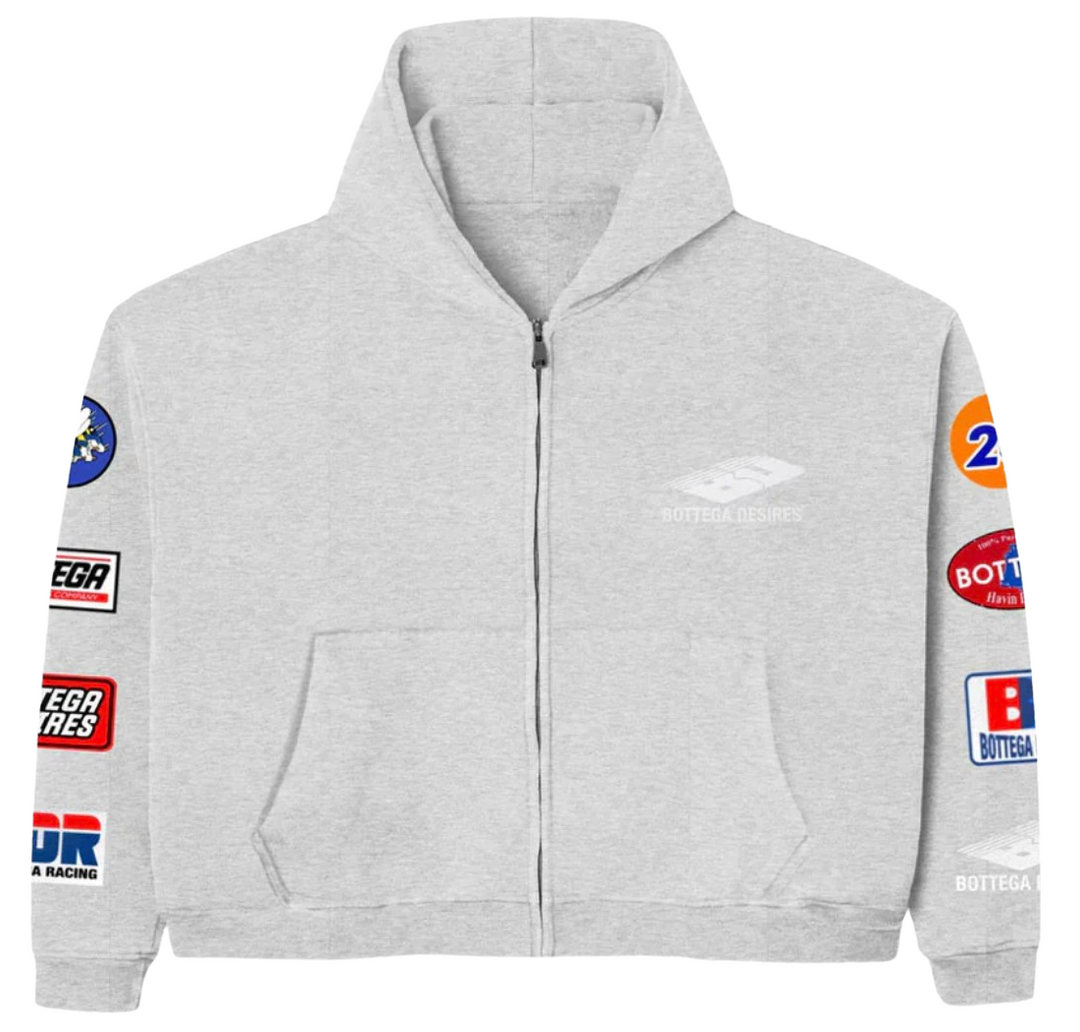 BOTTEGA DESIRES 'PATCHES' GREY ZIP UP HOODIE