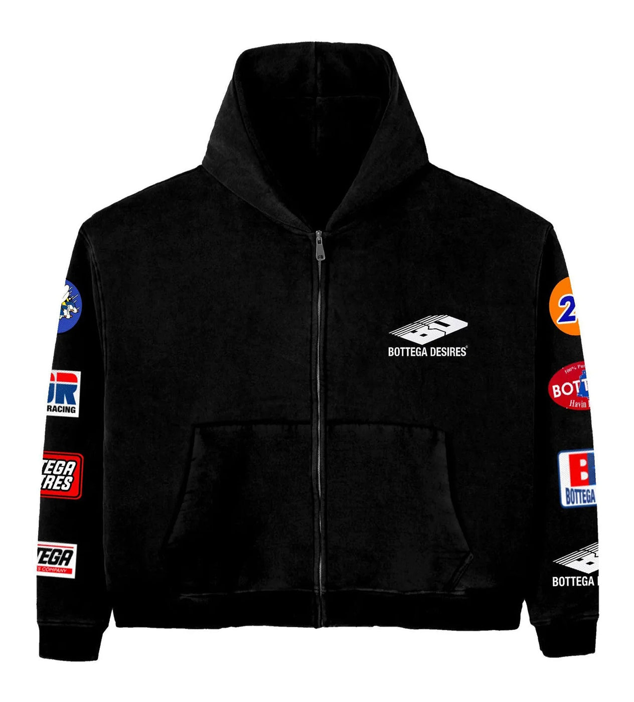 BOTTEGA DESIRES 'PATCHES' BLACK ZIP UP HOODIE