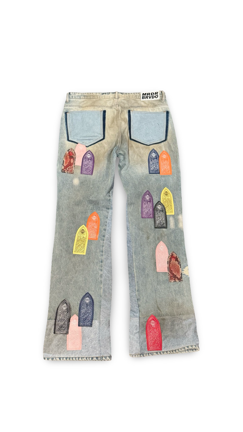 WHO DECIDES WAR PATCHED ARCHED REPAIRED DISTRESSED DENIM ‘MULTICOLOR’