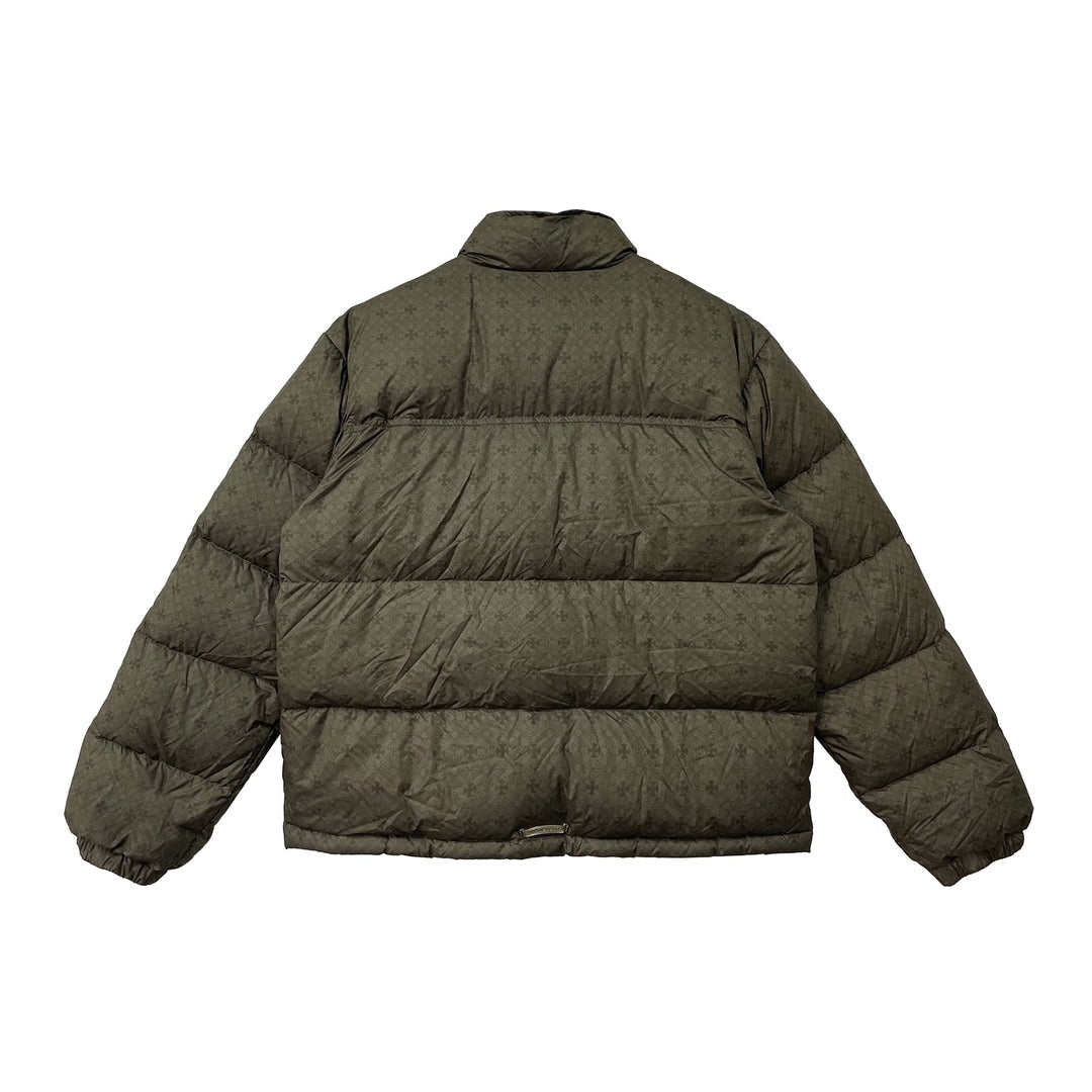 CHROME HEARTS OLIVE TONAL MONAGRAM CROSS PATTERN PUFFER DOWN JACKET