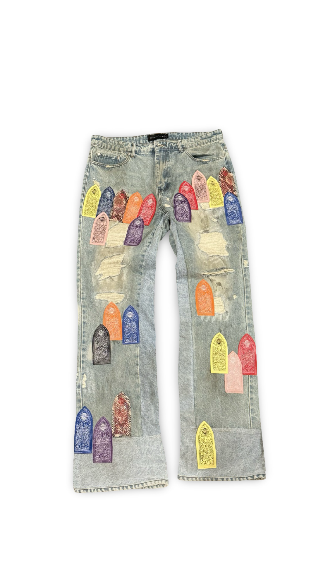 WHO DECIDES WAR PATCHED ARCHED REPAIRED DISTRESSED DENIM ‘MULTICOLOR’