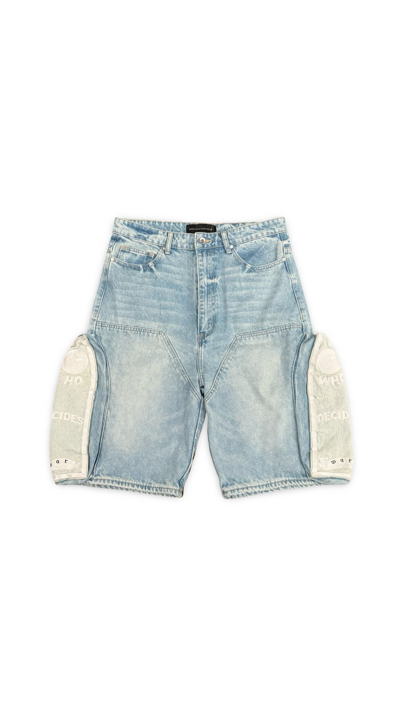 WHO DECIDES WAR BLUE SIDE EMBROIDERY DENIM SHORTS