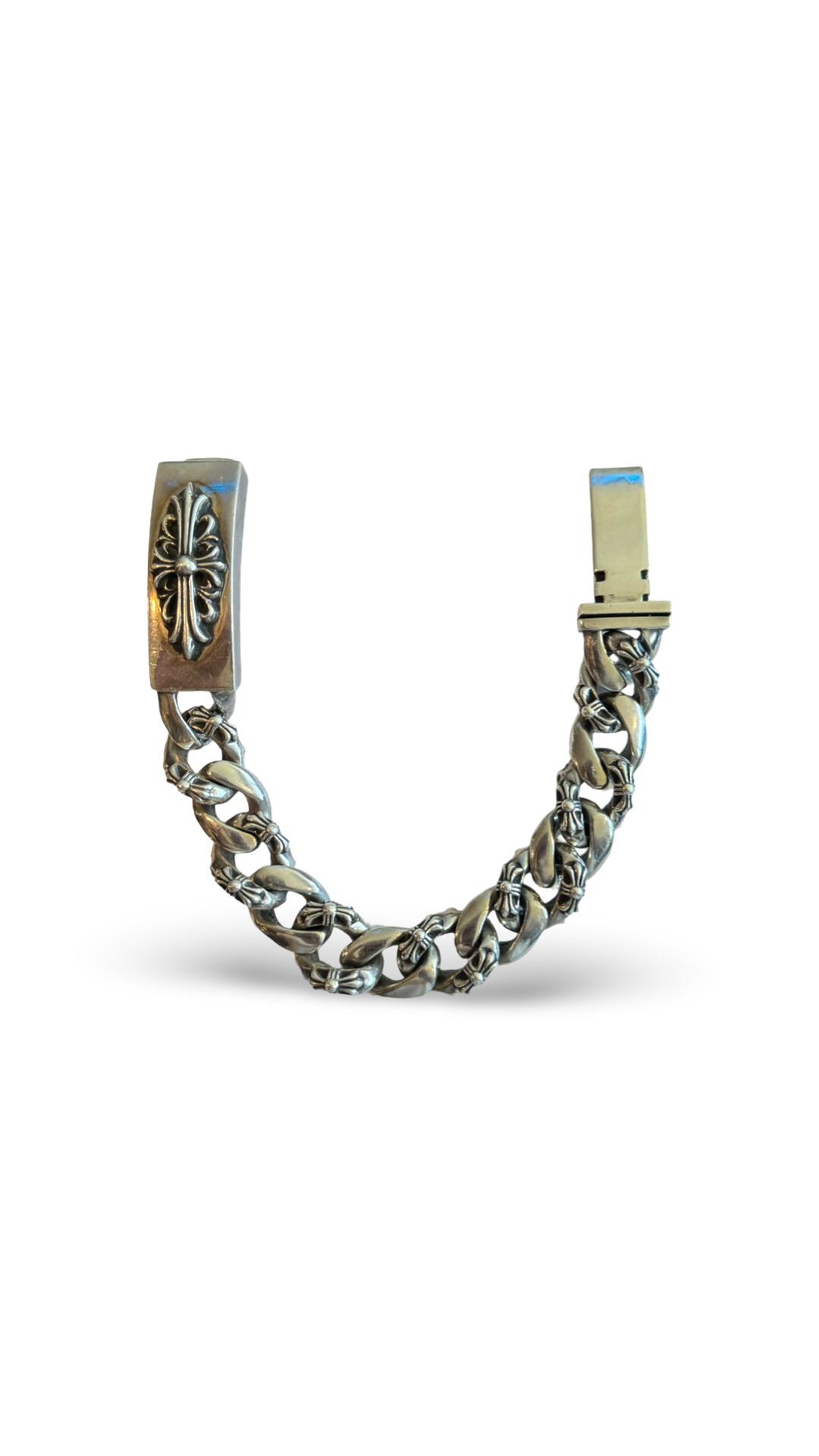 CHROME HEARTS ID FLORAL CROSS FANCY LINK BRACELET 8IN