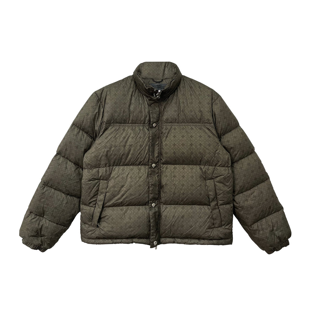 CHROME HEARTS OLIVE TONAL MONAGRAM CROSS PATTERN PUFFER DOWN JACKET