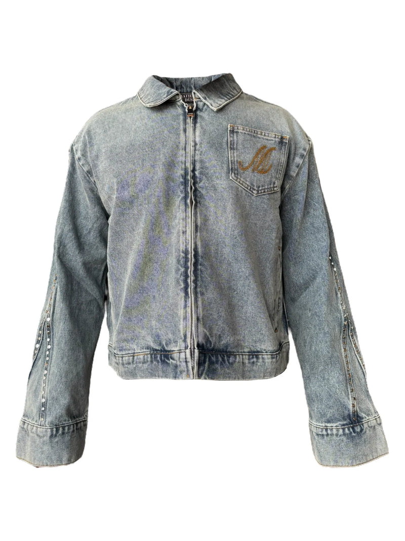 MATIÈRE DE DÉSIRS STUDDED PLEATED DENIM JACKET