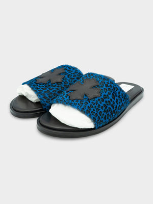 CHROME HEARTS BLUE LEOPARD PONY HAIR PATCH SLIDES