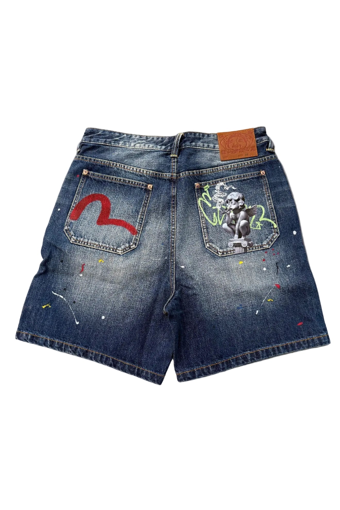 EVISU GRAFFITI ANGEL POCKET DENIM SHORTS