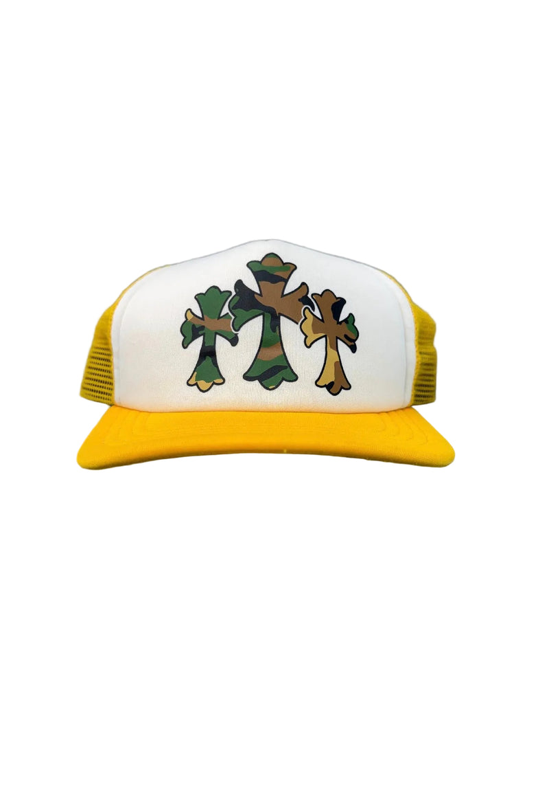 CHROME HEARTS YELLOW CAMO CROSS PATCH TRUCKER HAT