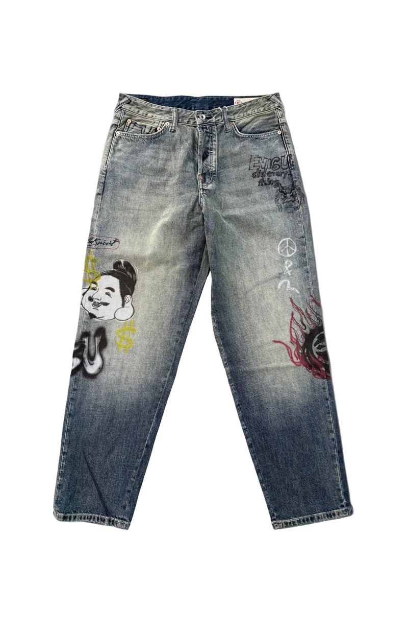 EVISU ALLOVER GRAFFITI PRINTED DENIM JEANS