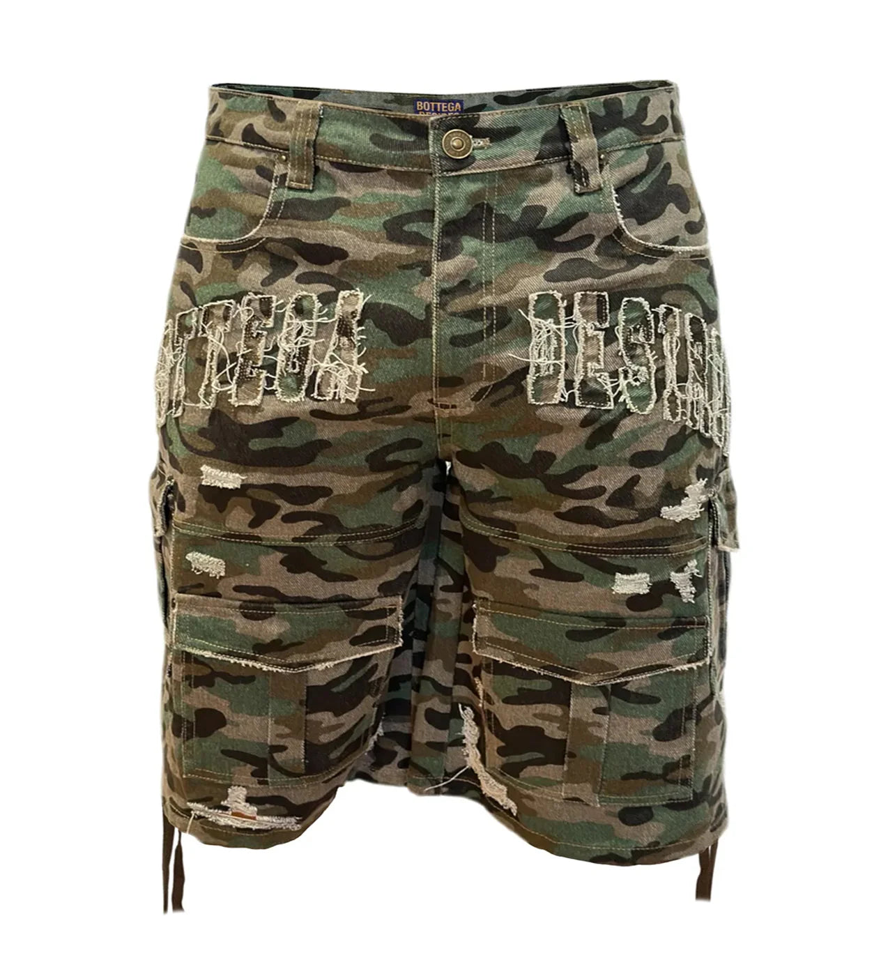 BOTTEGA DESIRES DISTRESSED CAMO CARGO SHORTS GREEN