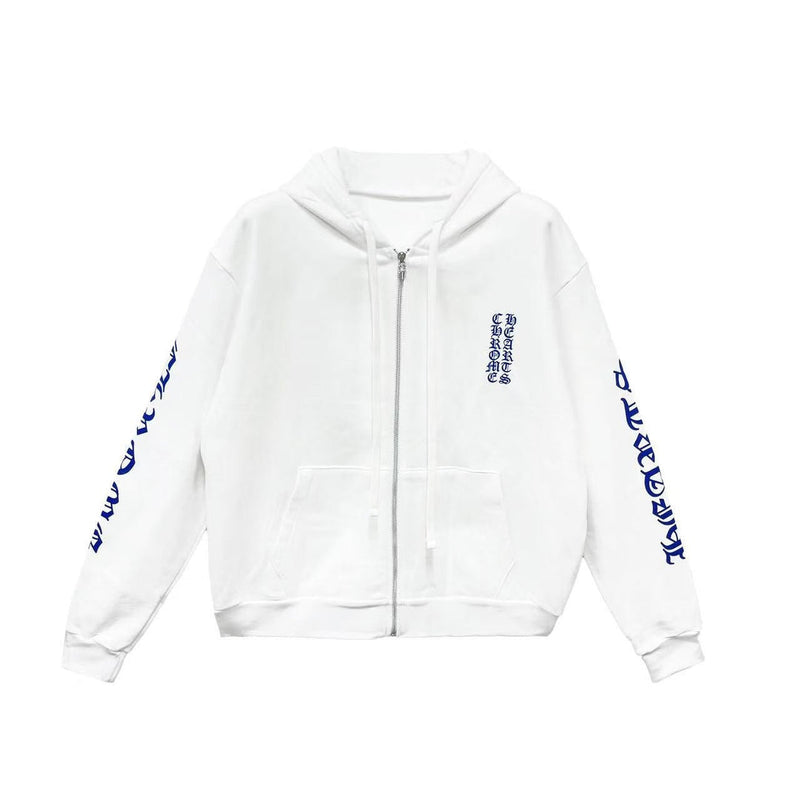 CHROME HEARTS BLUE SCROLL WHITE ZIP UP HOODIE