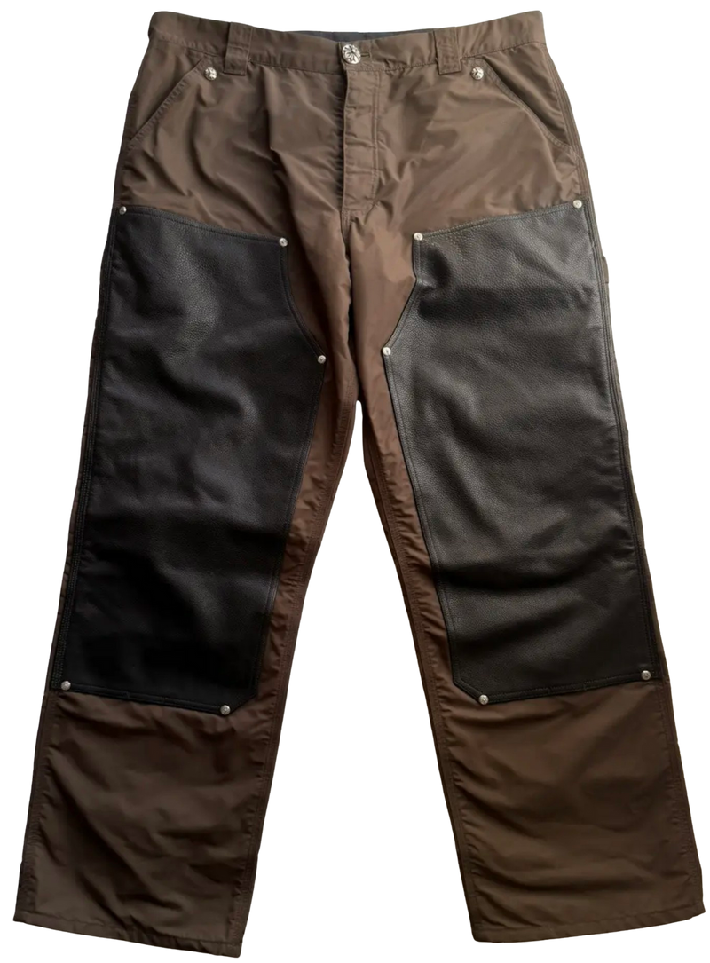 CHROME HEARTS BROWN LEATHER CARPENTER NYLON PANTS