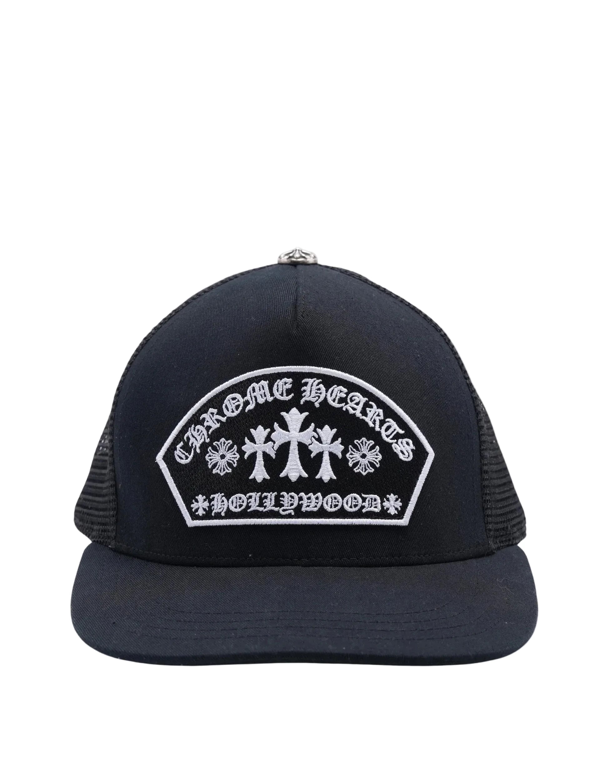 CHROME HEARTS TRIPLE CROSS EMBROIDERED HOLLYWOOD TRUCKER HAT