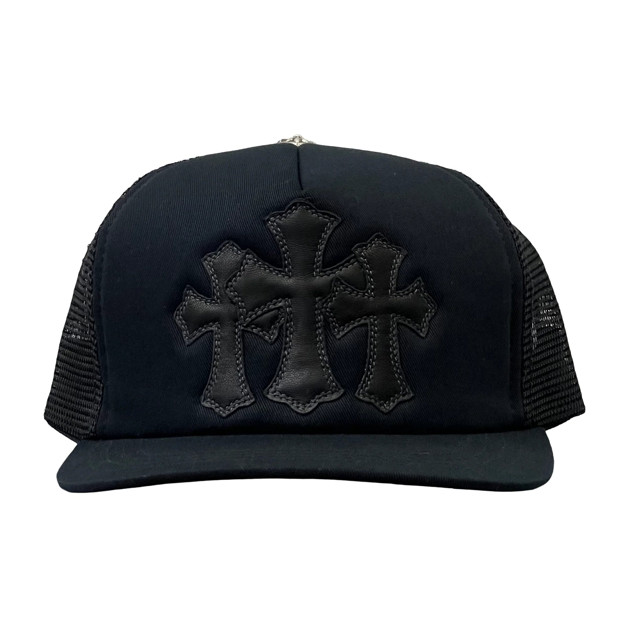 CHROME HEARTS BLACK LEATHER CEMETERY CROSS PATCH TRUCKER HAT