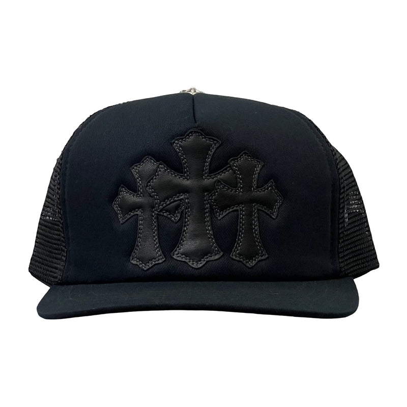 CHROME HEARTS BLACK LEATHER CEMETERY CROSS PATCH TRUCKER HAT
