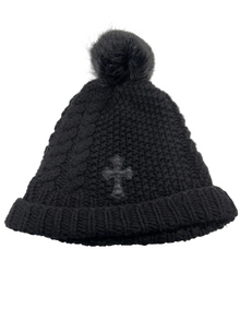 CHROME HEARTS CROSS PATCH FUR POM POM BLACK BEANIE