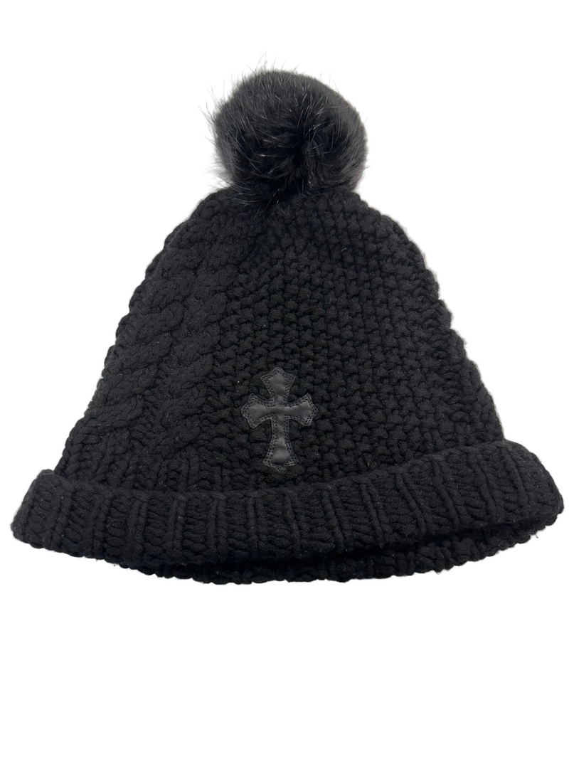 CHROME HEARTS CROSS PATCH FUR POM POM BLACK BEANIE
