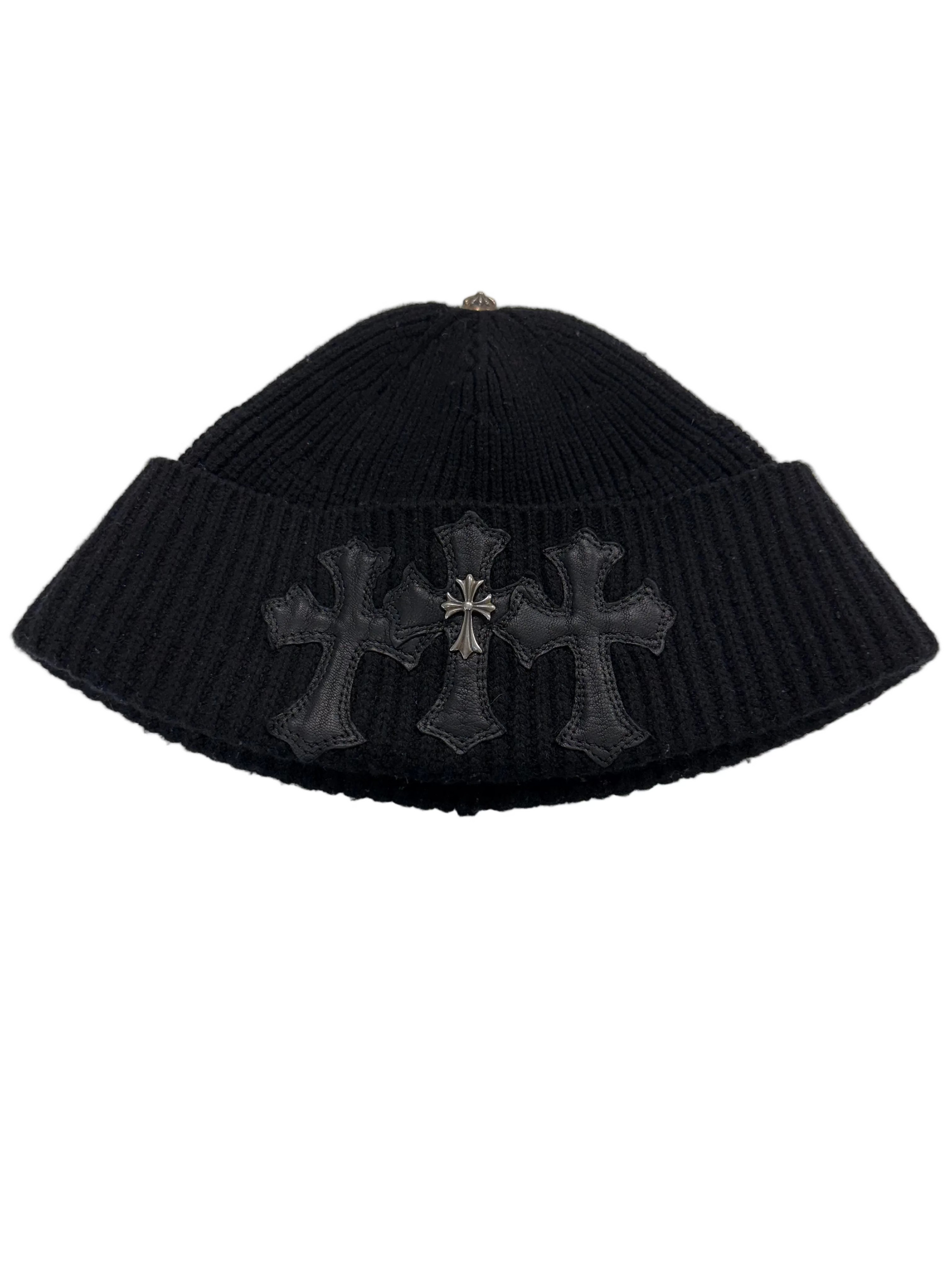 CHROME HEARTS TRIPLE CROSS PATCH KNITTED BLACK BEANIE