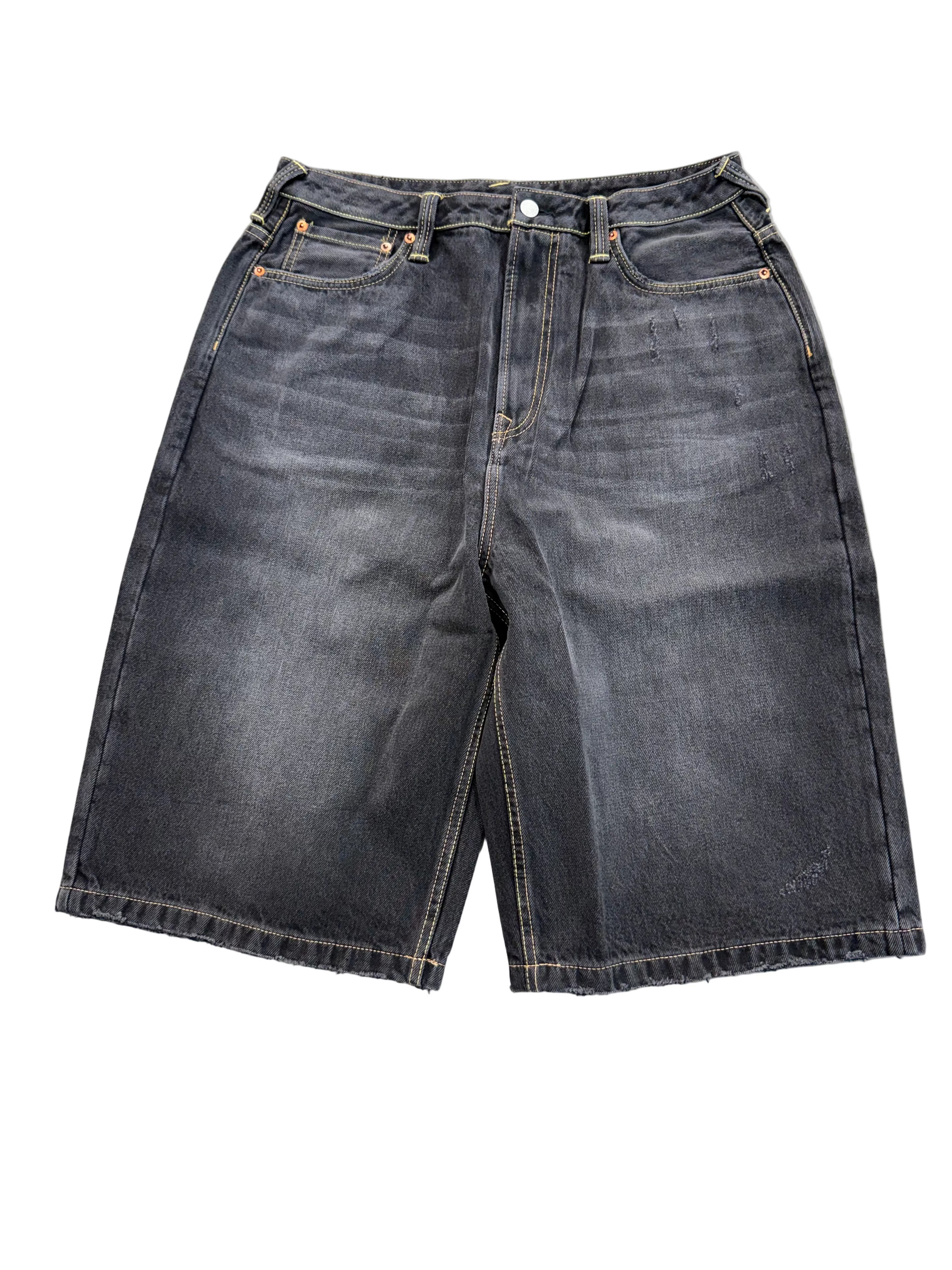 EVISU BLACK WASHED SEAGULL EMBROIDERY SHORTS