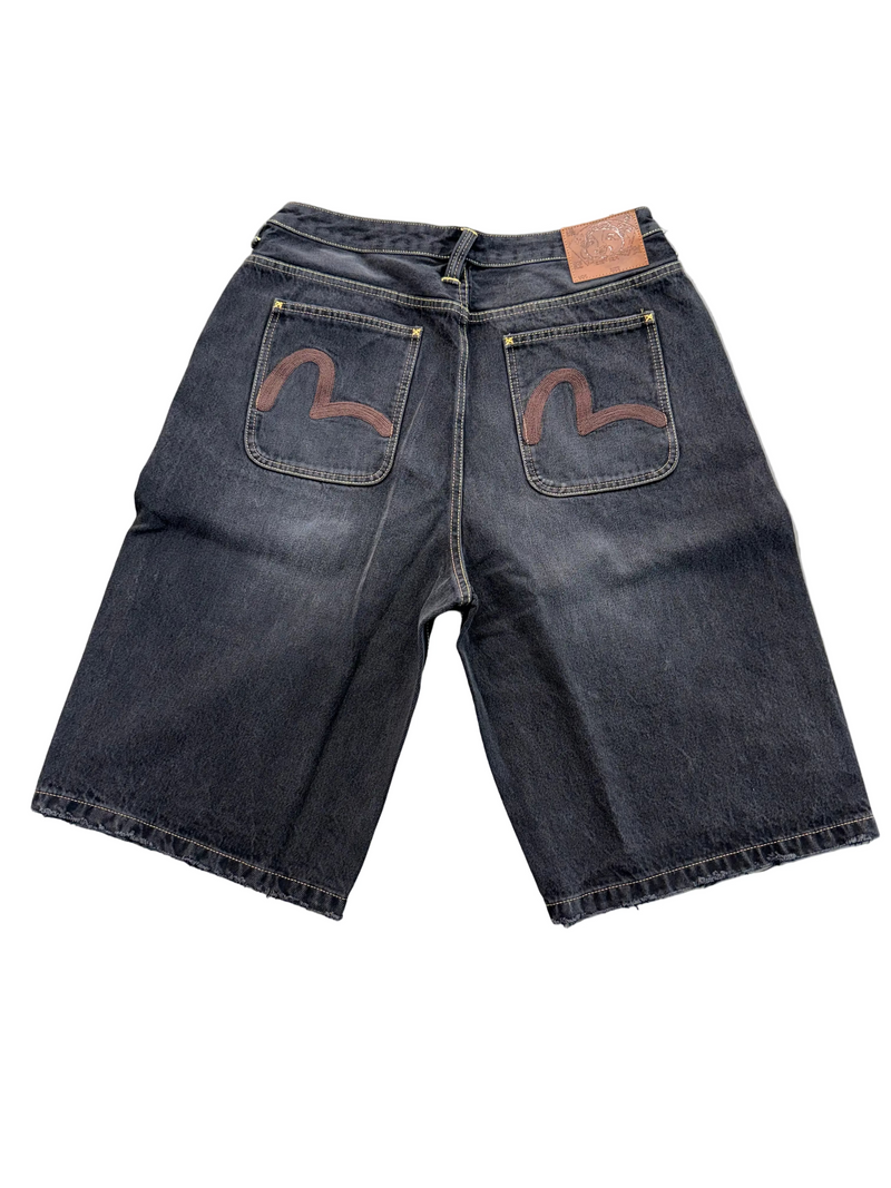 EVISU BLACK WASHED SEAGULL EMBROIDERY SHORTS