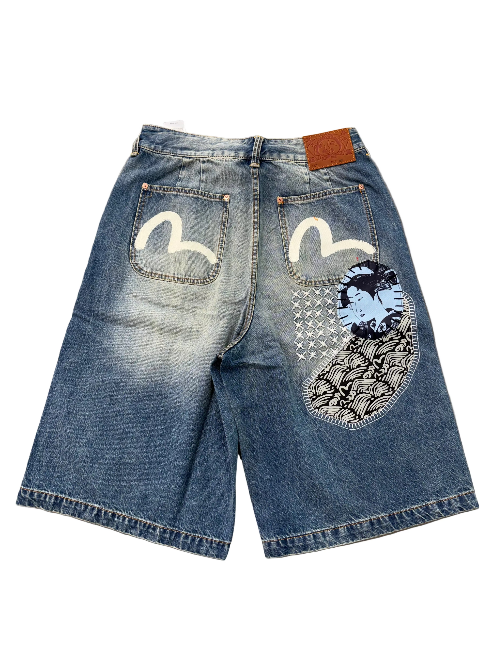 EVISU SASHIKO PATCH DENIM SHORTS