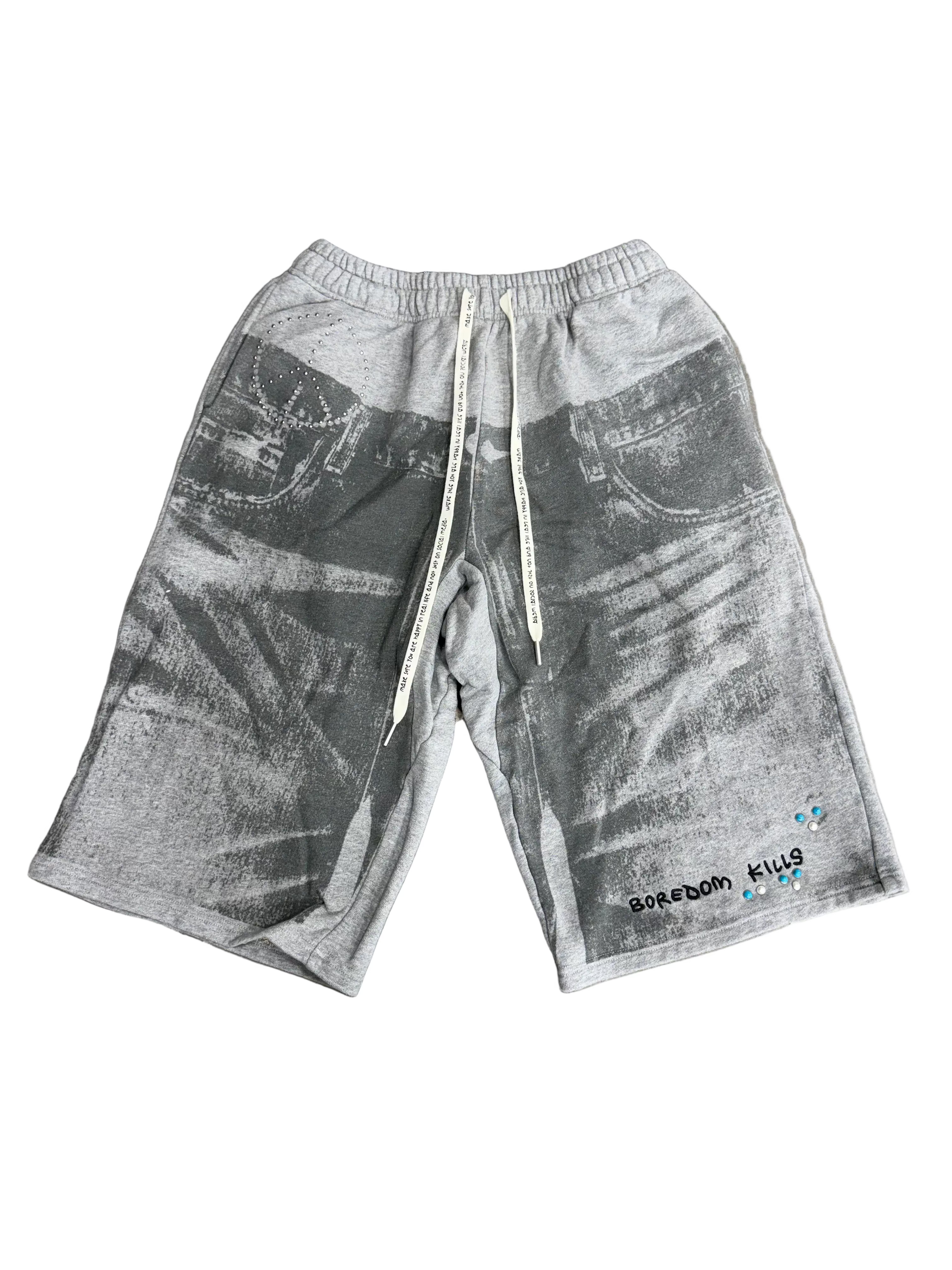 BOREDOM KILLS DENIM PRINT SWEAT SHORTS