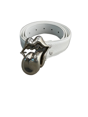 CHROME HEARTS WHITE LEATHER STRAP WITH ROLLING STONES TONGUE BUCKLE