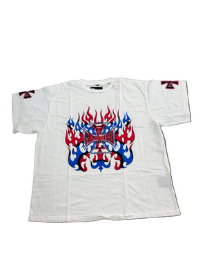 HAPPY MEMORIES DONT DIE HMDD RED WHITE BLUE FLAME CROSS TEE