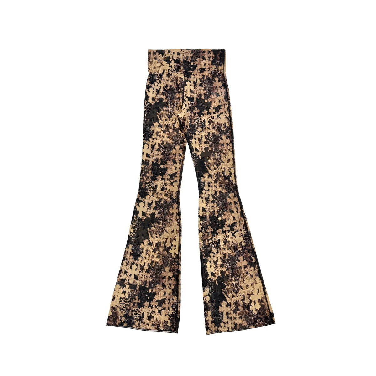 CHROME HEARTS WOMENS ALL OVER CROSS PRINTED MESH FLARED PANTS