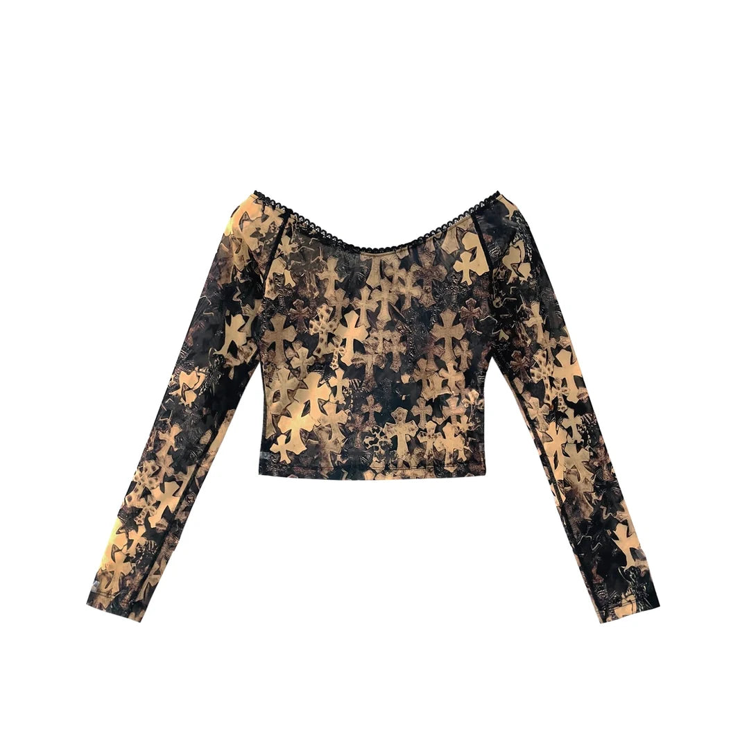 CHROME HEARTS WOMENS ALL OVER CROSS PRINTED MESH TOP